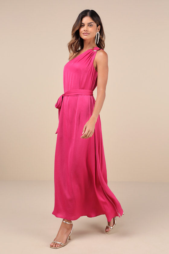 Goddess Aura Light Green Floral Satin One-Shoulder Maxi Dress