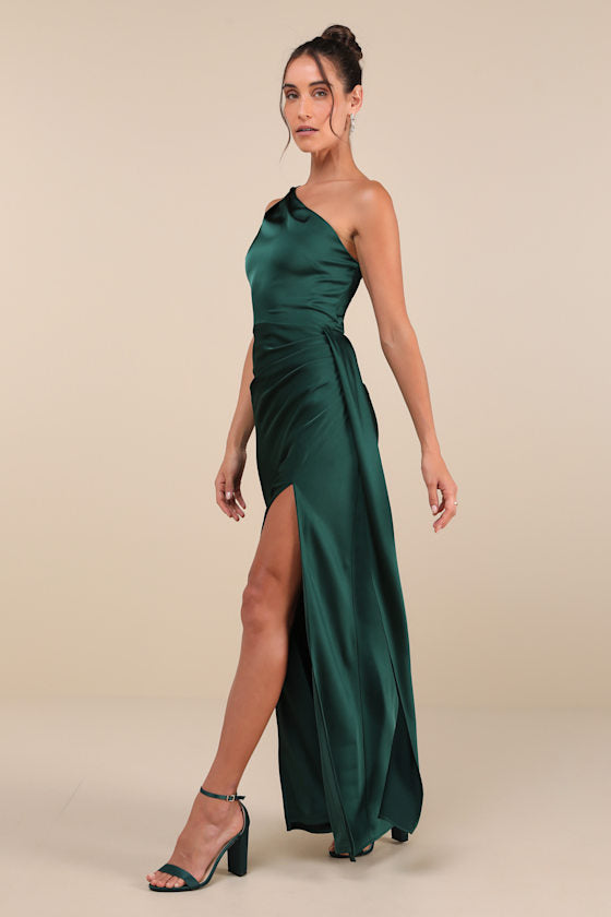 Signature Elegance Olive Green Satin One-Shoulder Maxi Dress