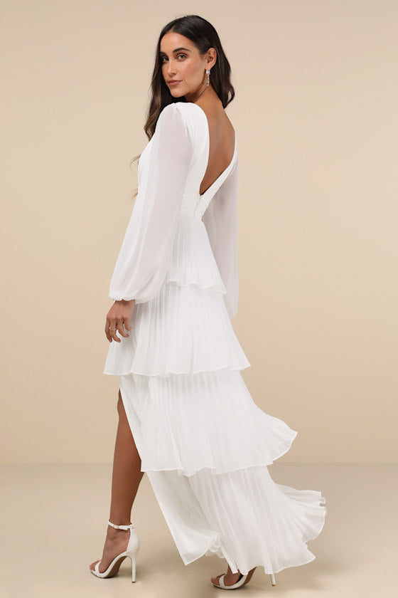 Graceful Finesse Black Pleated Long Sleeve Maxi Dress