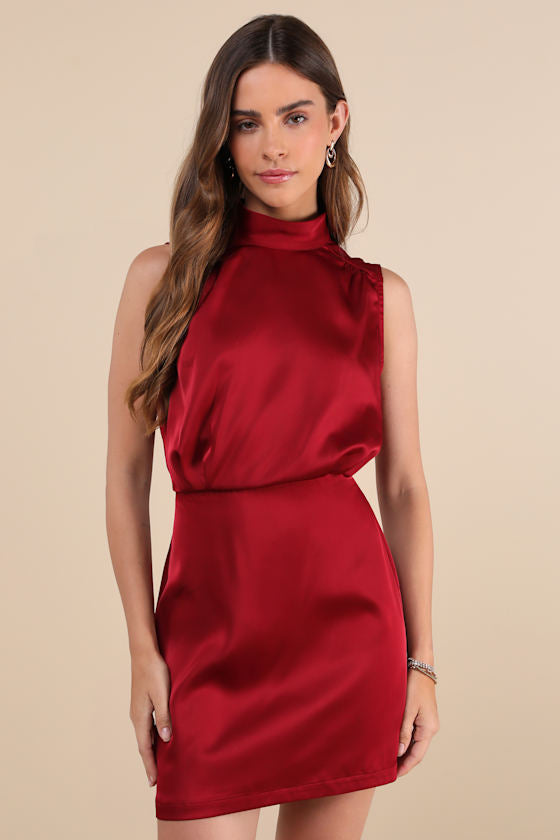 Classic Elegance Wine Red Satin Sleeveless Mock Neck Mini Dress #Color_Wine Red