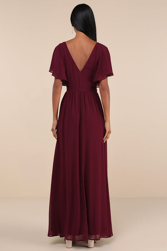Convincing Grace Burgundy Flutter Sleeve Wrap Maxi Dress #Color_Burgundy
