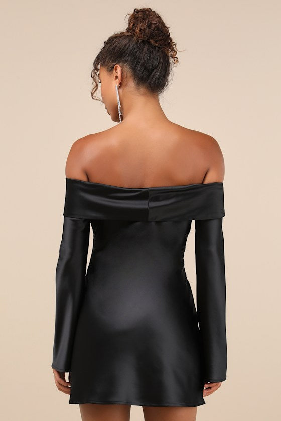 Luxurious Vision Light Yellow Satin Off-the-Shoulder Mini Dress