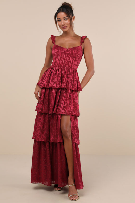 Stunning Glory Light Pink Floral Jacquard Tiered Maxi Dress
