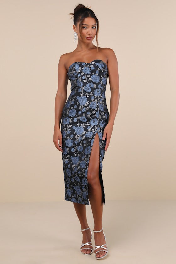 Beloved Belle Black Multi Jacquard Strapless Bow Midi Dress #Color_Black Multi