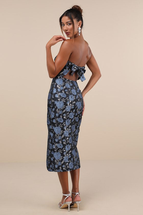 Beloved Belle Black Multi Jacquard Strapless Bow Midi Dress #Color_Black Multi