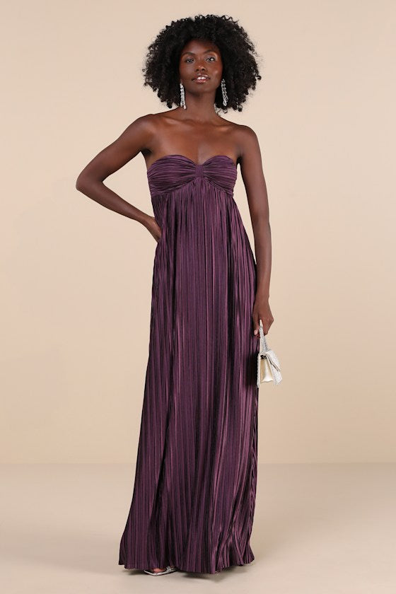 Whimsical Beauty Dark Purple Satin Plisse Strapless Maxi Dress #Color_Dark Purple