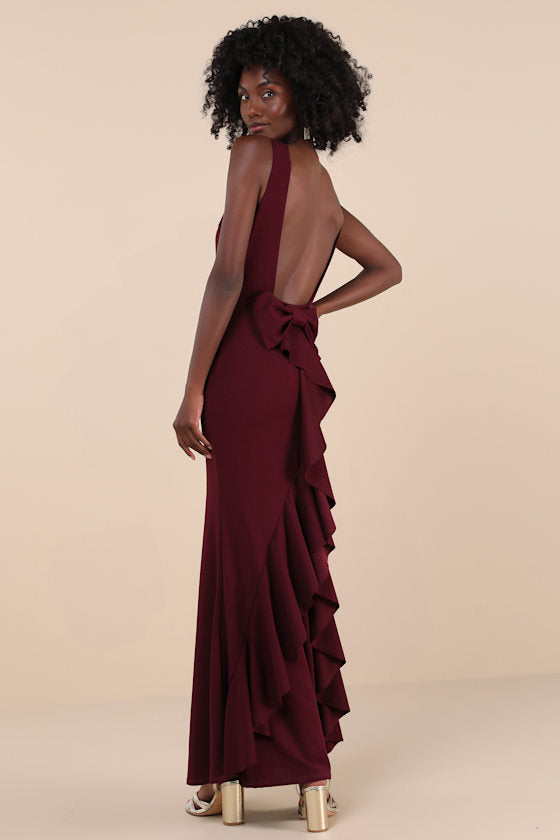 Exquisite Refinement Ivory Backless Bow Ruffled Maxi Dress