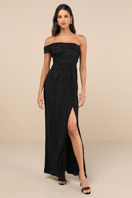 Poised Performance Black Plisse One-Shoulder Shoulder Maxi Dress