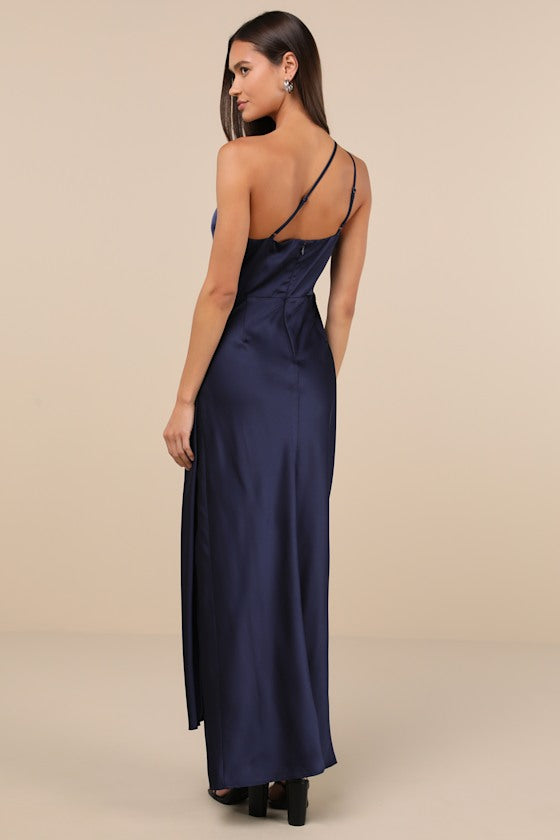 Signature Elegance Slate Blue Satin One-Shoulder Maxi Dress