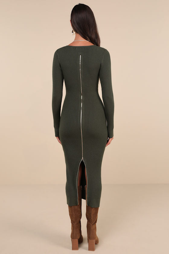 Everyday Beauty Green Long Sleeve Ribbed Knit Sweater Dress