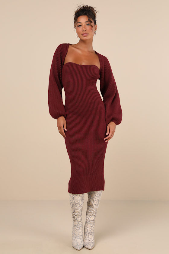Autumn Aura Brown Ribbed Two-Piece Sweater Dress