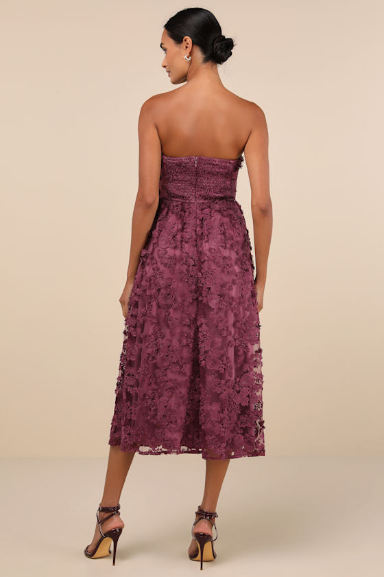 Quite Perfect Purple Floral Embroidered Strapless Midi Dress #Color_Purple