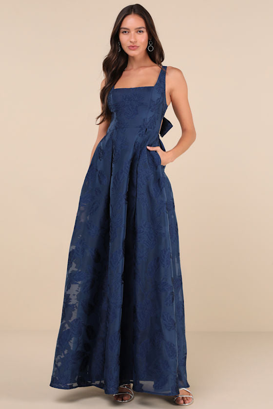 Perfected Aura Yellow Jacquard Tie-Back Maxi Dress with Pockets