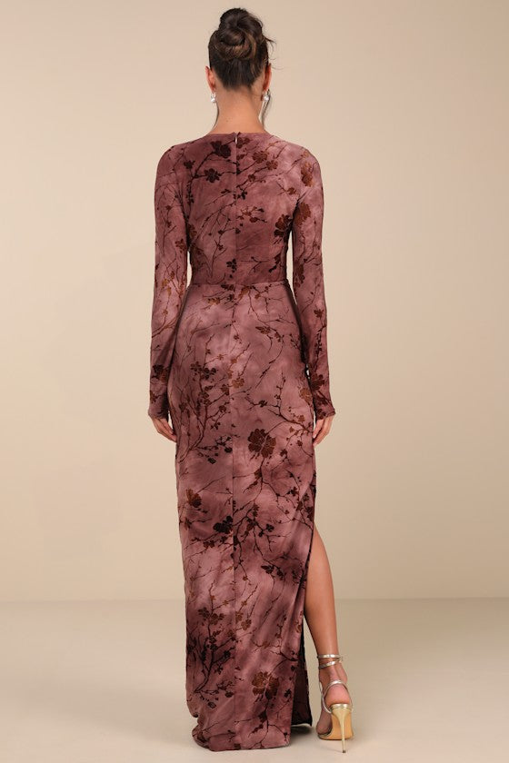 Dynamic Sensation Dark Mauve Floral Velvet Burnout Maxi Dress #Color_Dark Mauve