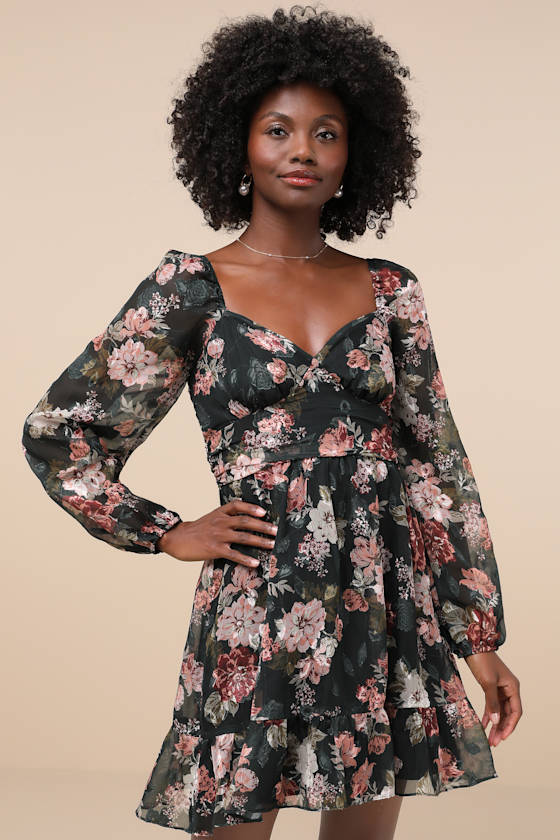 Truly Adorable Green Floral Burnout Balloon Sleeve Mini Dress