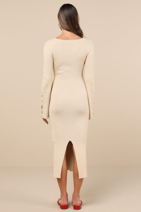 Classy Attitude Emerald Ribbed Square Neck Midi Sweater Dress