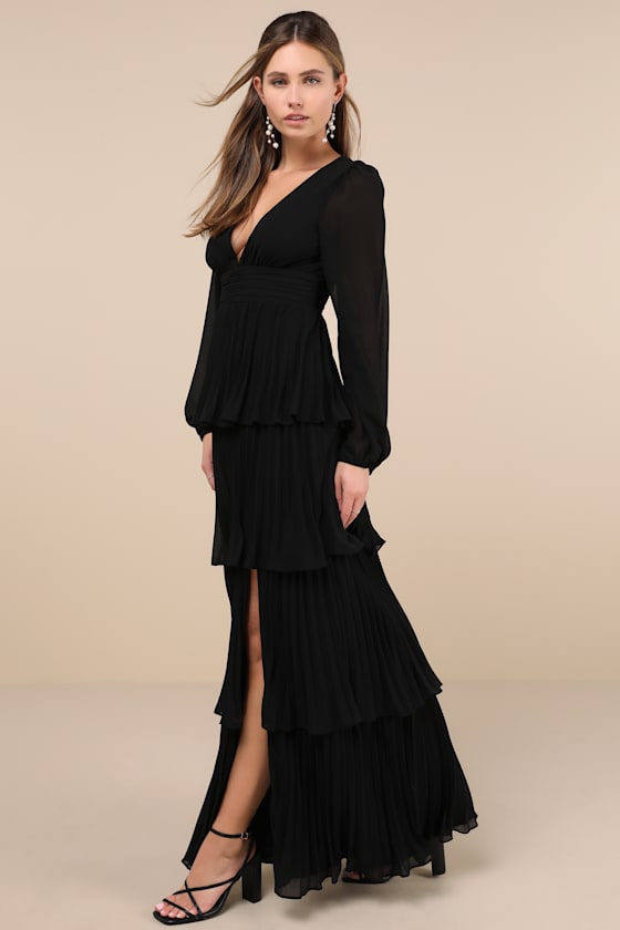 Graceful Finesse Olive Green Pleated Long Sleeve Maxi Dress