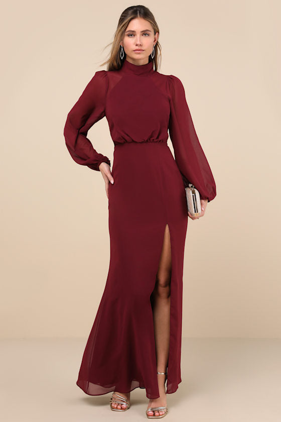 Graceful Entrance Navy Blue Long Sleeve Backless Maxi Dress