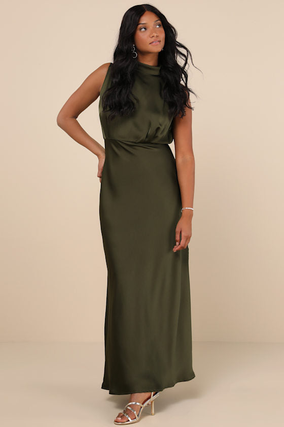Classic Elegance Blush Satin Sleeveless Mock Neck Maxi Dress