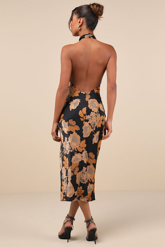 Beyond Classy Blue and Pink Floral Satin Halter Midi Dress