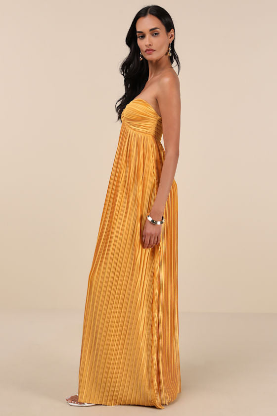 Whimsical Beauty Dark Purple Satin Plisse Strapless Maxi Dress