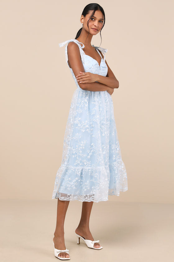 Distinctly Sweet Blue Floral Embroidered Tie-Strap Midi Dress #Color_Blue