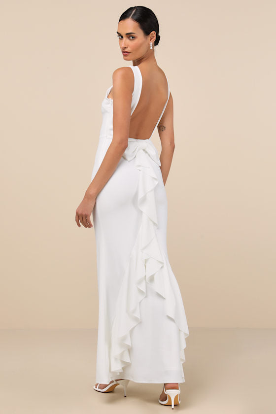 Exquisite Refinement Ivory Backless Bow Ruffled Maxi Dress #Color_Ivory