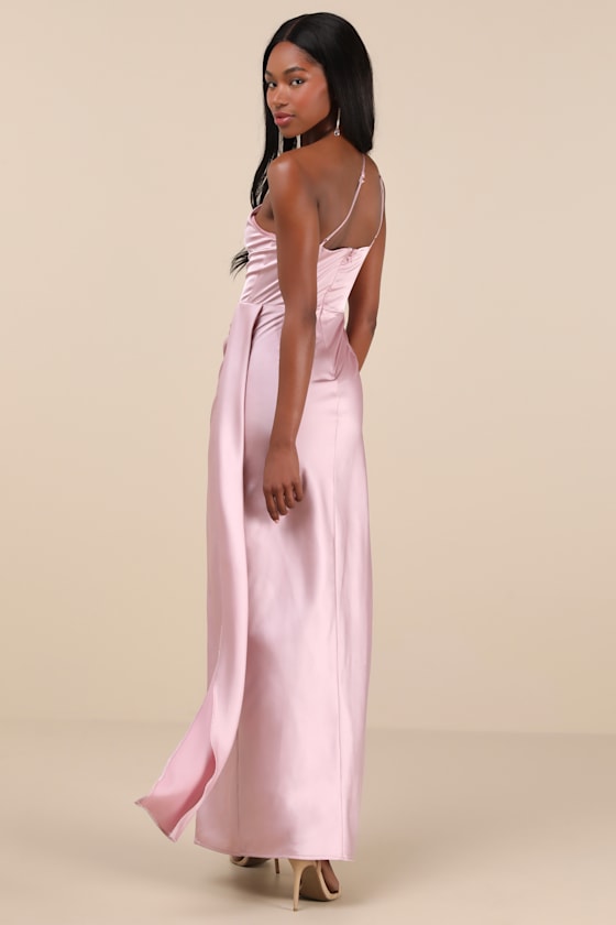 Signature Elegance Slate Blue Satin One-Shoulder Maxi Dress