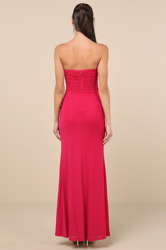Epitome of Allure Brown Mesh Strapless Ruched Maxi Dress
