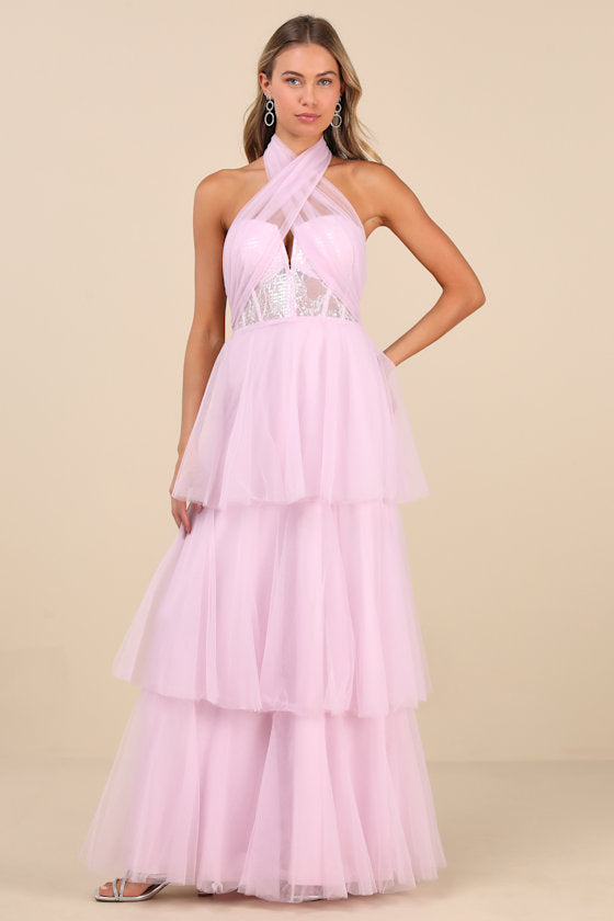 Camie Light Pink Tulle Sequin Bustier Maxi Dress