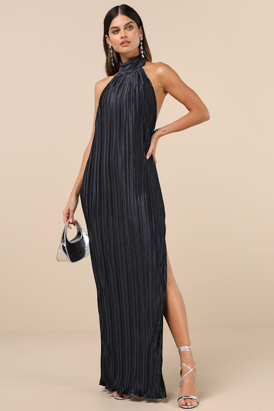 Gwenny Golden Yellow Satin Plisse Maxi Dress