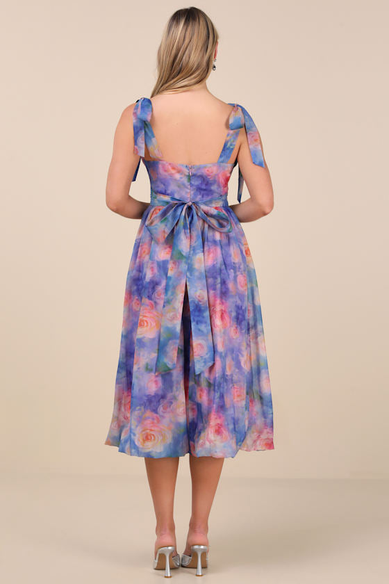 Flowering Day Dream Purple Floral Organza Midi Bubble Dress