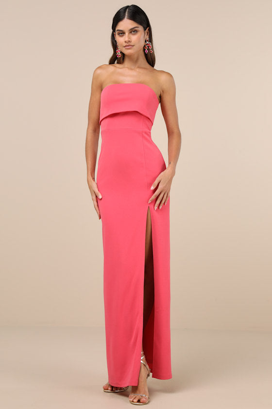 Classy Consideration Coral Pink Strapless Maxi Dress #Color_Coral Pink