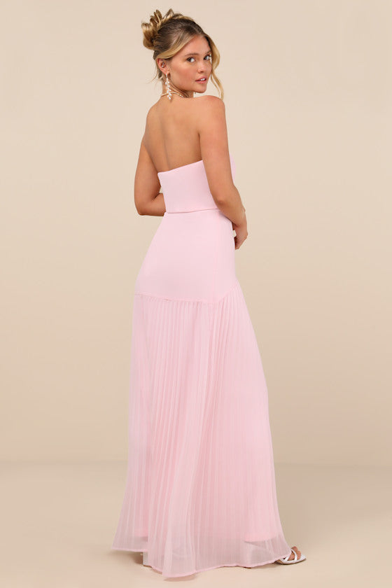 Celebratory Aesthetic Pink Floral Pleated Strapless Maxi Dress
