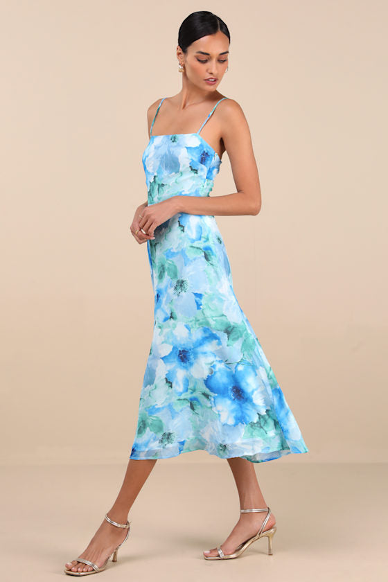 Radiant Feelings Blue and Purple Floral Chiffon Midi Dress