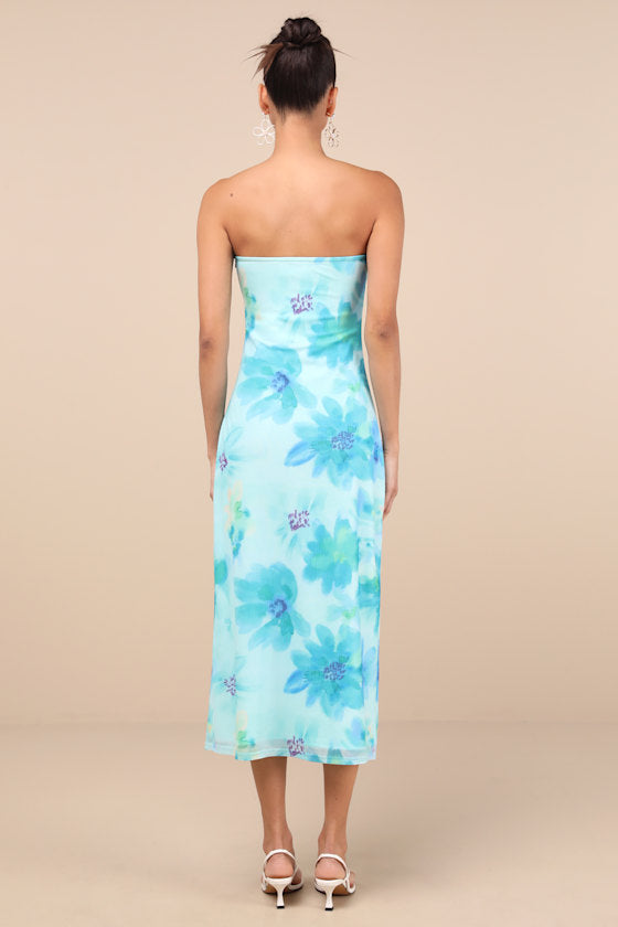 Jaylah Light Blue Multi Mesh Strapless Midi Dress
