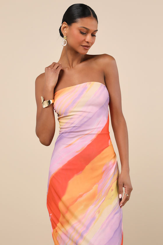 Jaylah Brown Polka Dot Mesh Strapless Midi Dress