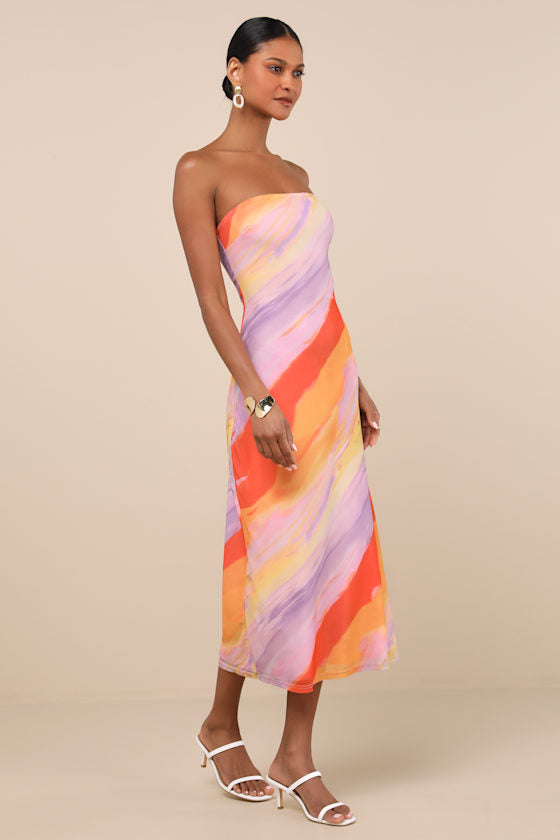Jaylah Brown Polka Dot Mesh Strapless Midi Dress