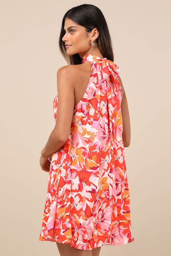 Tied Back To You Red and Pink Floral Print Mini Shift Dress
