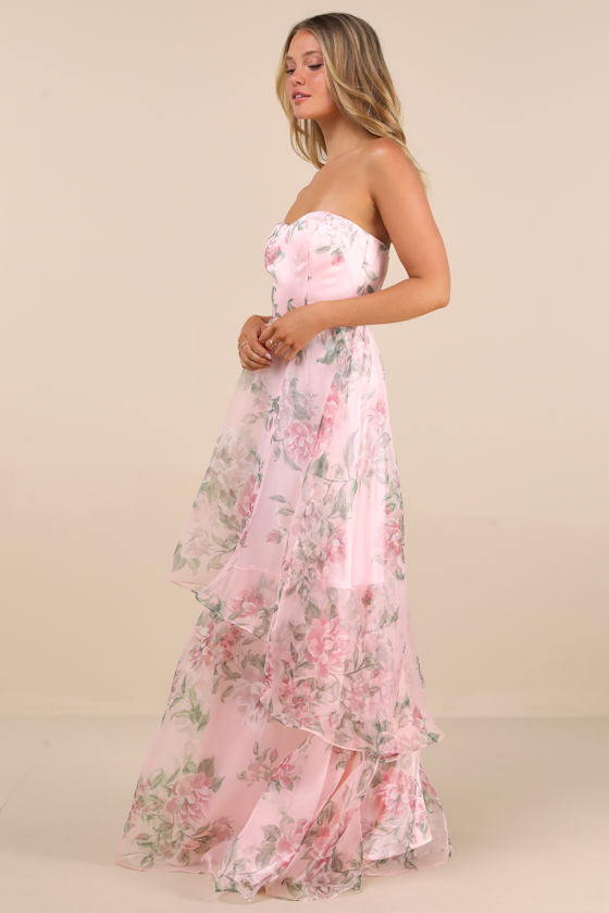 Truly Extraordinary Pink Floral Organza Strapless Maxi Dress
