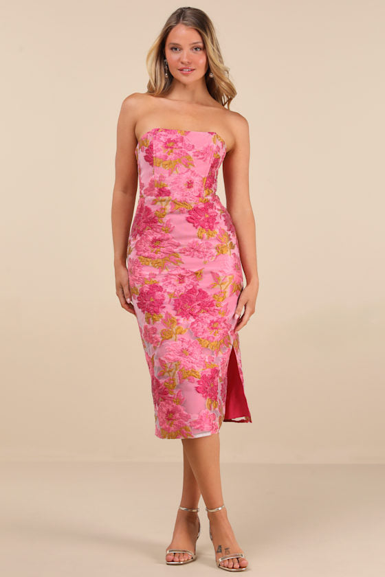Upgraded Event Pink Jacquard Strapless Bustier Midi Dress #Color_Pink