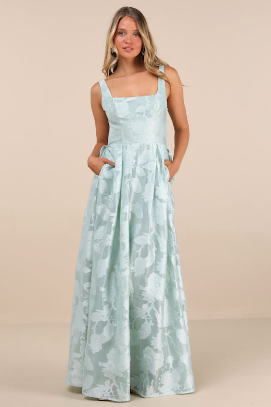 Perfected Aura Yellow Jacquard Tie-Back Maxi Dress with Pockets