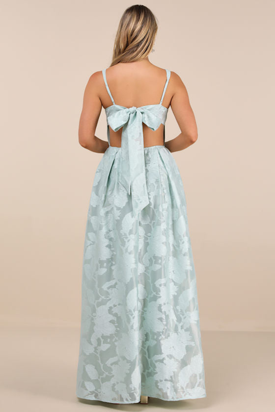 Perfected Aura Navy Jacquard Tie-Back Maxi Dress with Pockets
