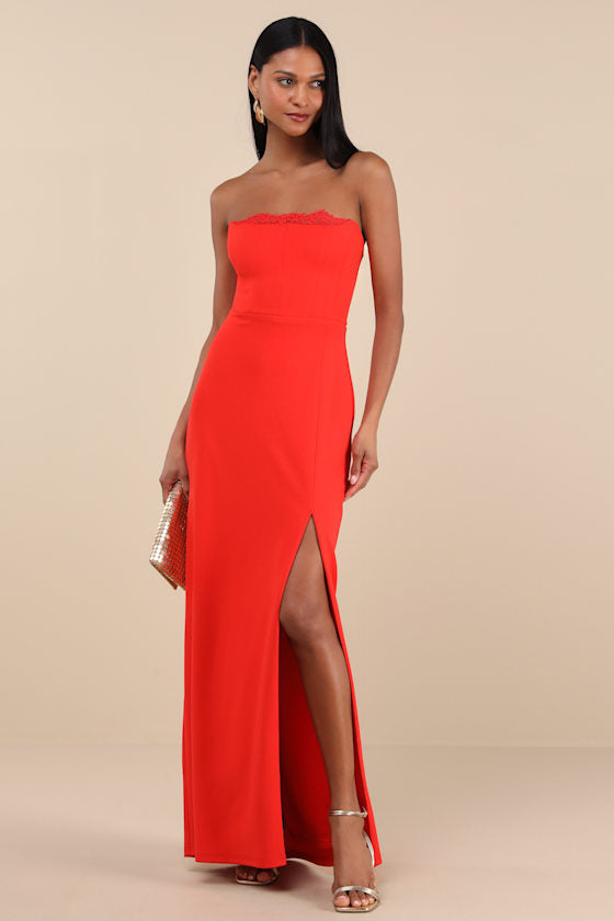 Memorably Iconic Red Strapless Lace Bustier Maxi Dress #Color_Red