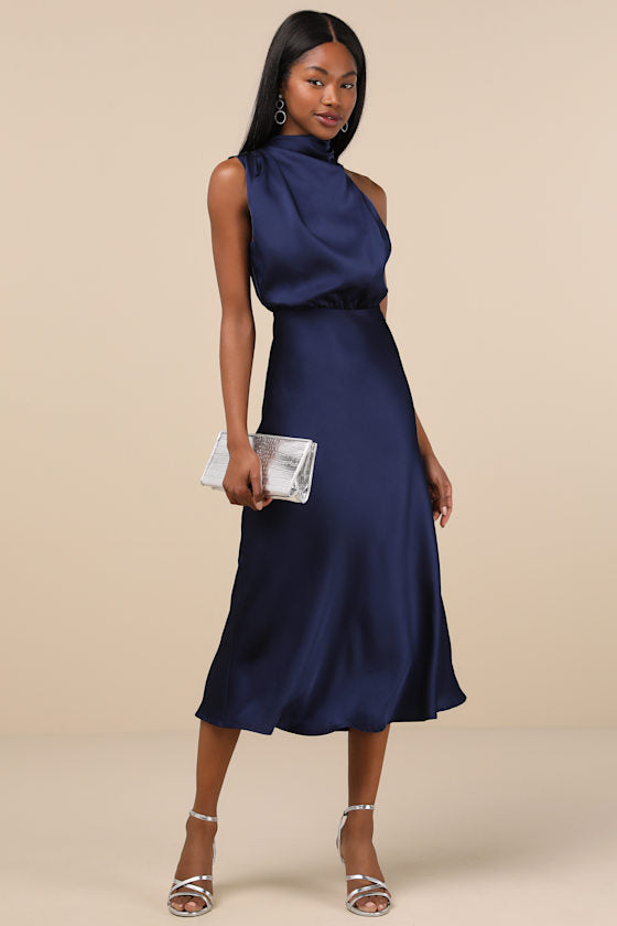Distinctive Charm Navy Satin Asymmetrical Midi Dress #Color_Navy