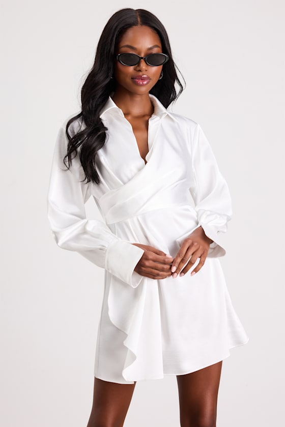 Rumaria White Satin Faux-Wrap Mini Dress #Color_White