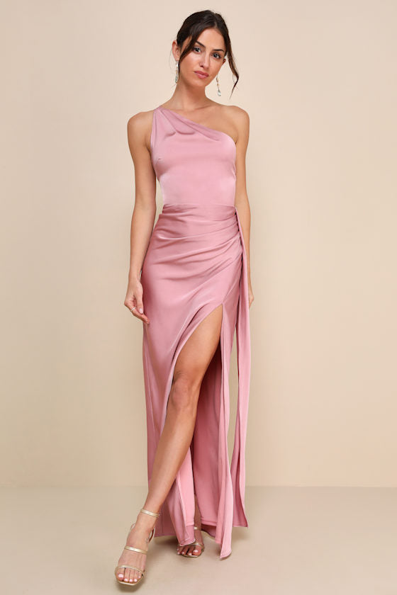 Signature Elegance Olive Green Satin One-Shoulder Maxi Dress