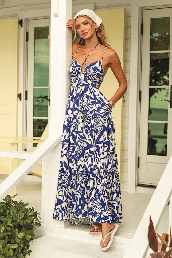 Mykonos Memories Blue and Ivory Abstract Maxi Dress With Pockets #Color_Blue and Ivory Abstract