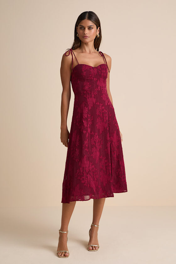 Loveliest Looks Emerald Green Jacquard Tie-Strap Midi Dress