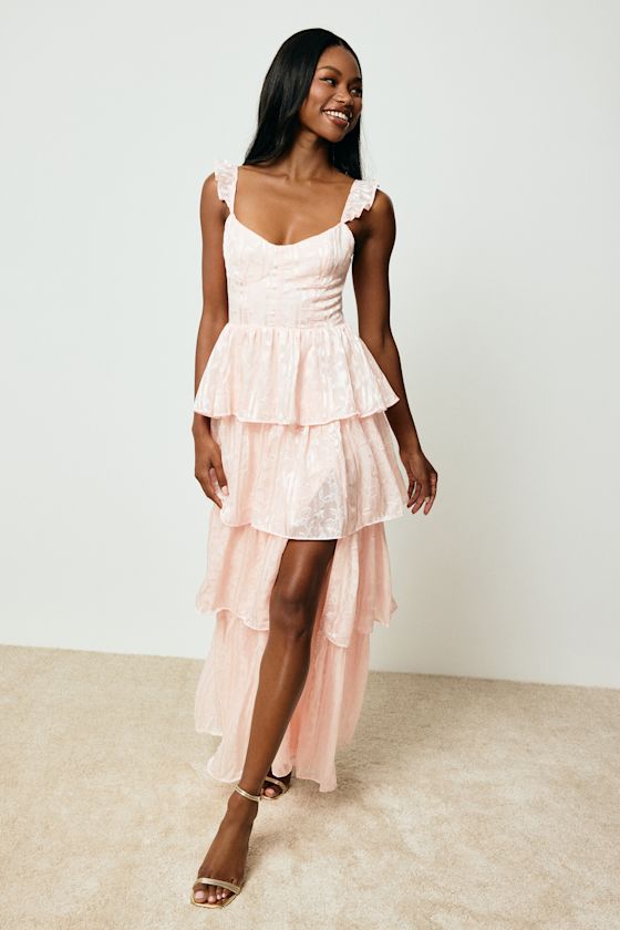 Stunning Glory Light Pink Floral Jacquard Tiered Maxi Dress #Color_Light Pink